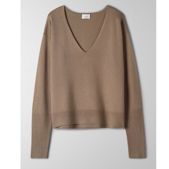 Aritzia Wilfred Knit Sweater Cyprie V-Neck 100% Merino wool Taupe Tan Size L - Picture 4 of 14